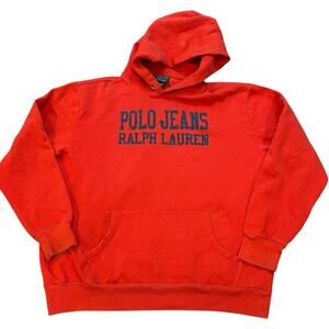 Y2K Polo Jeans Co. Orange Hoodie Navy Spell Out Cotton Blend Sweatshirt XL*